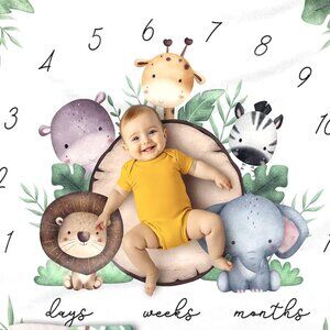 Baby Milestone Blanket 40x50 Safari Animal Growth Tracker w/ 2 Date Markers Whit